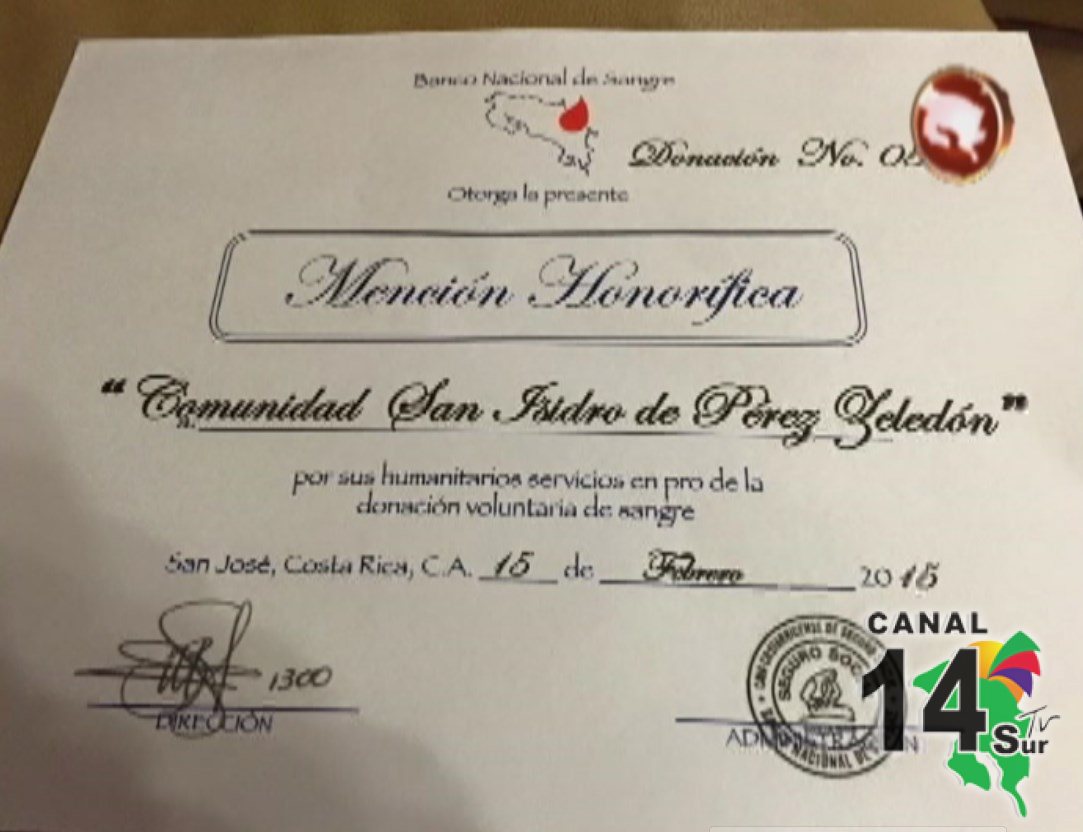 Banco Nacional de Sangre brinda reconocimiento a Pérez Zeledón por V Campaña de donación